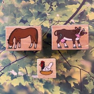 Lot of Wood Mounted Barnyard Animals Stamps Horse Chicken Cow